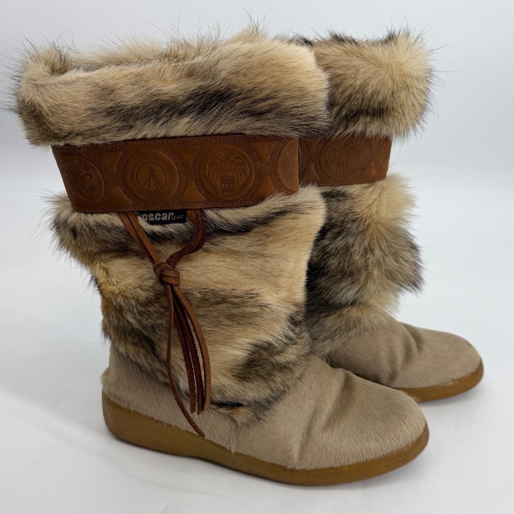 Oscar Sport Beige Faux Fur Leather‎ Trim Après Ski Snow Boots Made in Italy READ